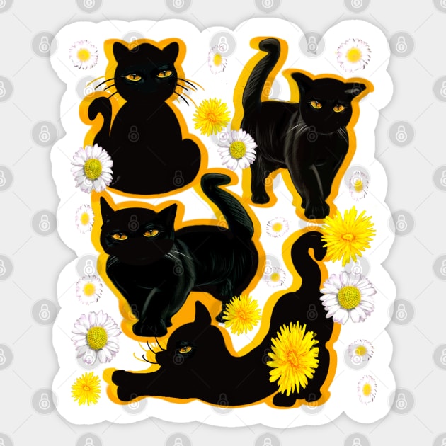 Black Cat silhouette gold shadow wildflowers feelings pattern black cats  among dandelions And daisies floral bright flowers of spring and summer Sticker by Artonmytee